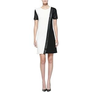 ST. JOHN Resort Milano Caviar Leather Colorblock Sheath Dress Black Cream Wool 6